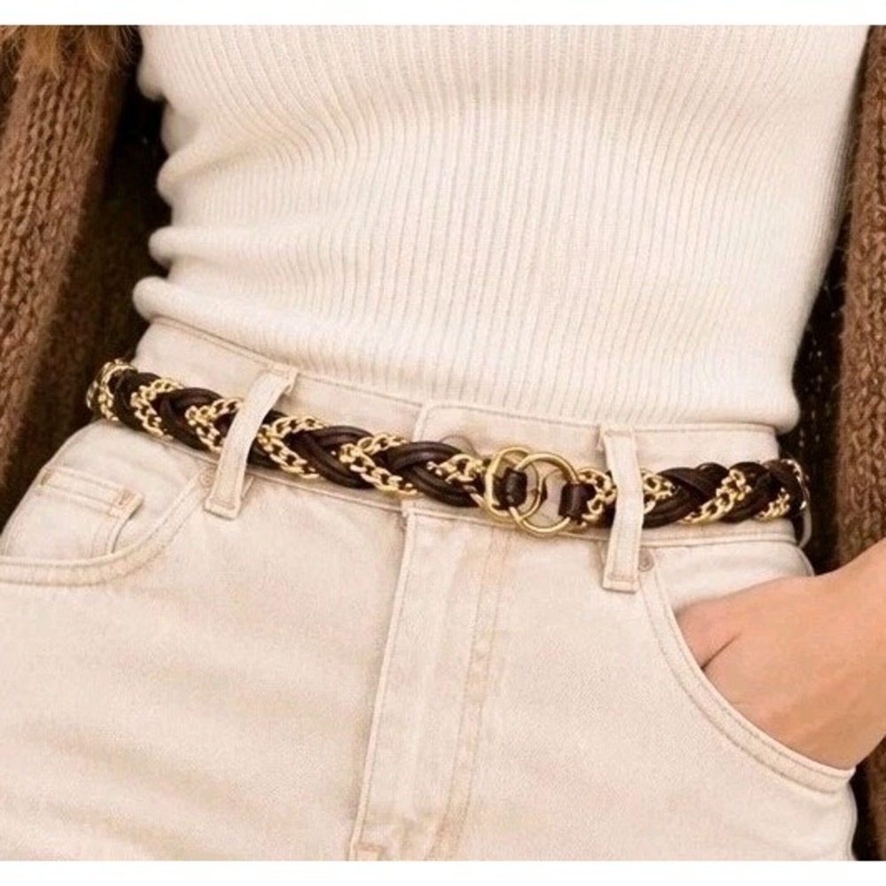 Brown Braided Gold Tone Chain Belt Boho Y2K Western Statement Waist Hip